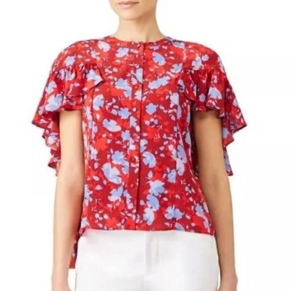 Alexis Danijela 100% silk floral blouse with ruffled sleeves ,button-down med